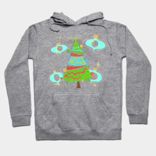 Christmas Tree with Blue Ornaments Vintage MCM Cartoony Hoodie